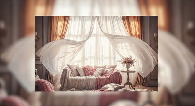 Elegant Living Room with Flowing Curtains and Comfortable Sofa.
