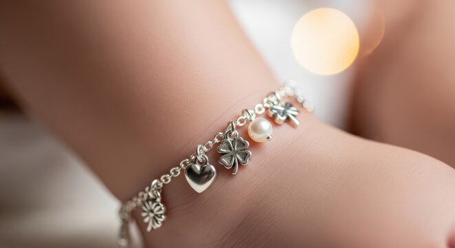 Elegant Silver Bracelet Adorning a Wrist with Charms and Pearls.