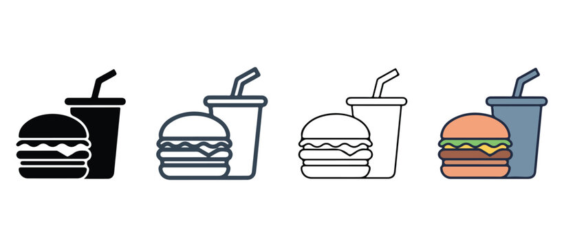 fast food meals with drink and burger  various colored icons of a hamburger and soda  fast food icons