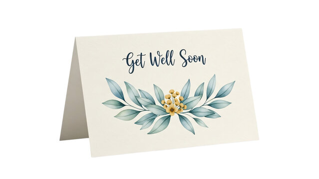 White greeting card with the words get well soon on it surrounded.