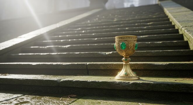 Golden Chalice on Stone Steps with Dramatic Lighting and Atmosphere.