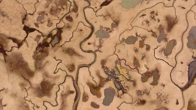 Abstract birdseye view of natural patterns of a glacial river delta in southeastern Iceland