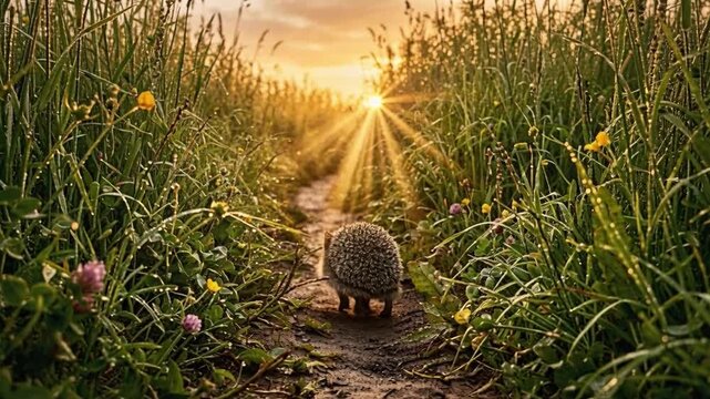 Tiny hedgehog walking along a narrow forest path through tall grass at golden sunset. Low ground perspective, warm sunlight, natural wilderness and peaceful outdoor adventure.