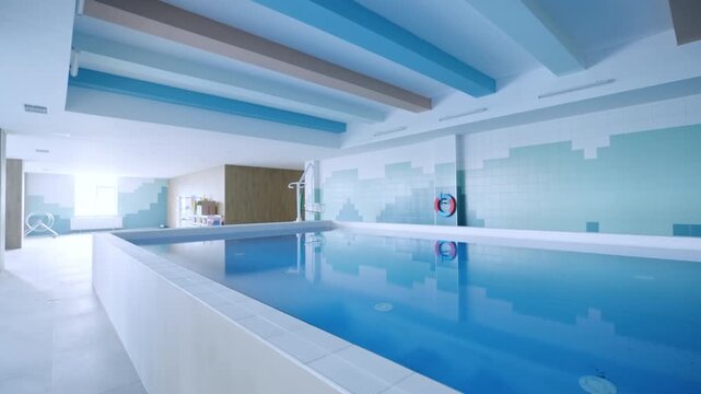 Small training pool demonstrates calm water surface under commercial lighting. Geometric design provides safe environment for youth
