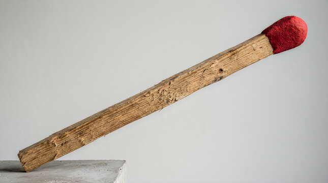 Long wooden matchstick with red phosphorus head on neutral background