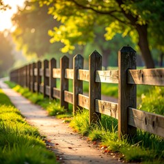 Fototapeta premium A sun-drenched pathway is framed by a rustic wooden fence, leading toward verdant trees in the background. Soft light bathes the scene