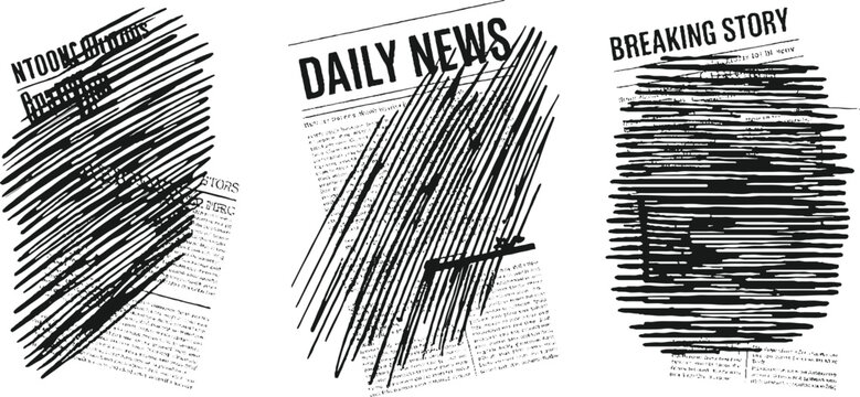 Three black and white newspaper fragments with scribbled lines obscuring text print article
