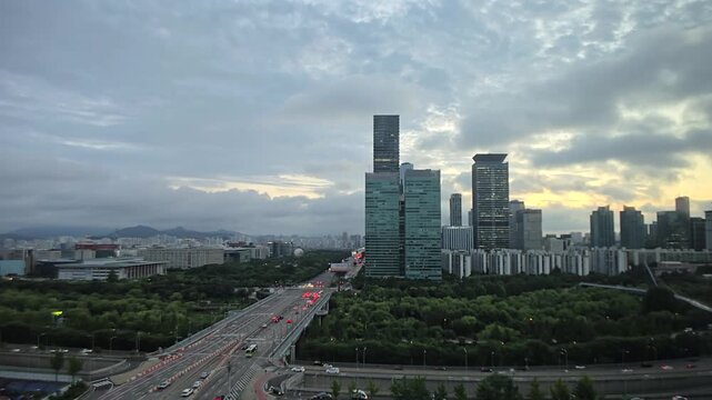 Timelapse, panoramic sunrise city view, sunrise cityscape of Yeouido, Seoul, Korea	