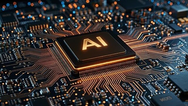 Artificial intelligence processor on advanced motherboard with glowing electronic pathways. AI computing, semiconductor technology, machine learning and digital innovation.