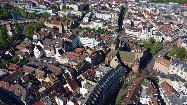 Saint-Pierre-le-Vieux Protestant Church, Petite France district in Strasbourg. Aerial drone