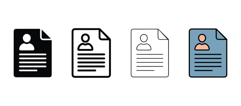 Four different colored resume or cv document icons with user profile and lines for text on white background