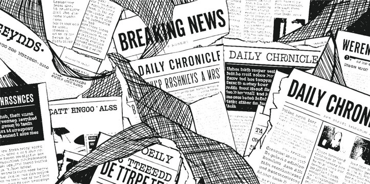 Black and white collage of overlapping newspaper pages with headlines and text