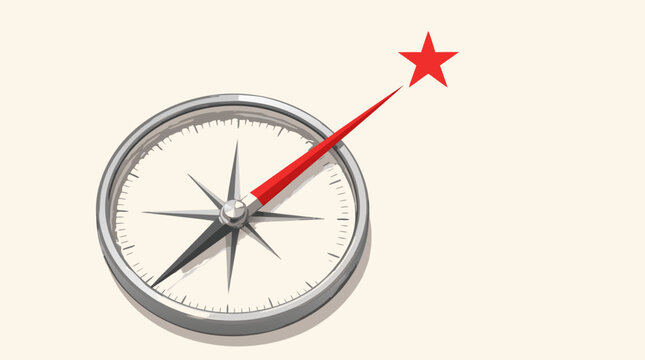 Minimalist flat vector illustration of a navigation compass with a needle pointing directly towards a vibrant red North Star, representing direction, goals, and guidance on white background.