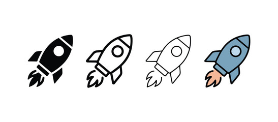Four different colored rocket ship icons in various styles flying upwards  isolated on white background © Rayhan