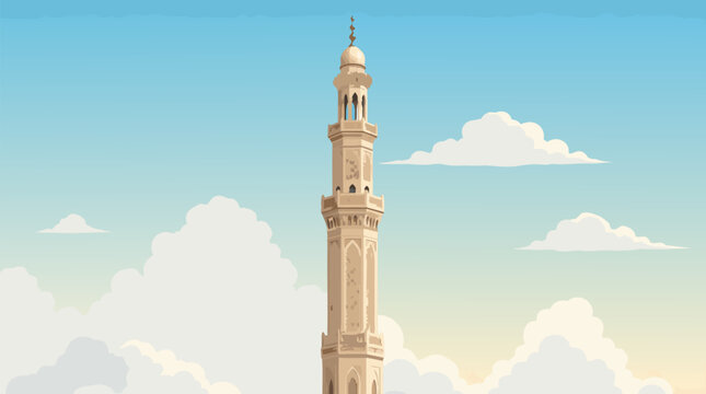 A flat vector illustration of an ornate beige Islamic minaret tower with a crescent moon finial rising elegantly through white clouds against a blue sky background, suitable for Islamic architecture a