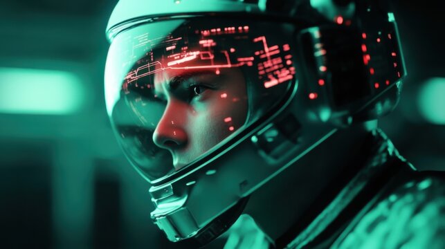 Futuristic astronaut exploring a high tech environment with digital interfaces reflecting on the visor of the helmet