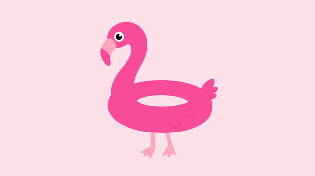 A flat vector illustration of a bright hot pink inflatable flamingo pool float ring isolated on a pink background, perfect for summer vacation, beach party, and tropical celebration design themes.
