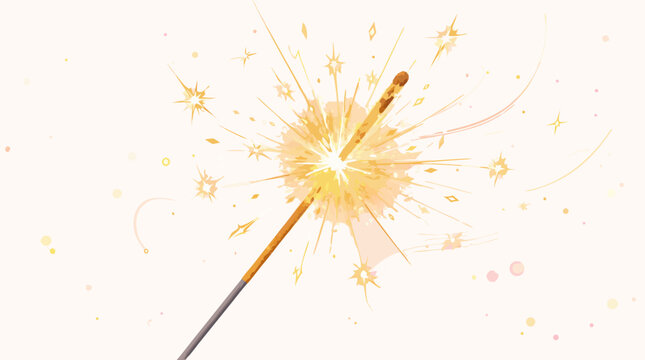 A flat vector illustration of a golden sparkler stick emitting a brilliant starburst of sparks with pink swirl trails on a white background, ideal for holiday celebrations, New Year, and festive event
