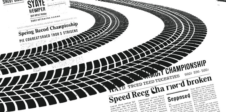 Black tire tracks on newspaper headlines about racing championships and broken records race speed