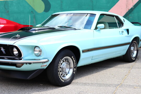 1969 Mach1 Ford Mustang in blue.