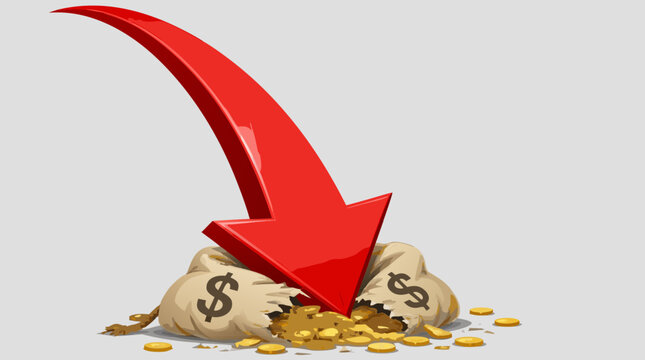 A flat vector illustration of a giant bold red downward arrow crashing into and crushing two dollar sign money bags spilling gold coins on a light gray background, representing financial loss, recessi