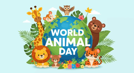 Naklejka premium World animal day illustration with cute animals and globe