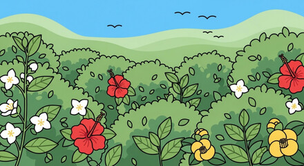 Naklejka premium Colorful flowers bloom in a lush green landscape