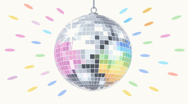 A flat vector illustration of a shiny silver mirror disco ball hanging from a wire and scattering colorful pastel light spots all around on a cream background, perfect for nightlife, party, and entert
