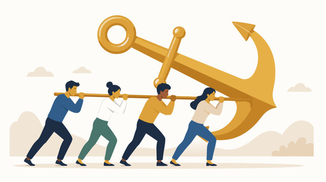 A flat vector illustration of a diverse team of four people straining together to carry an oversized golden anchor across a light beige background, representing the shared burden of financial debt and