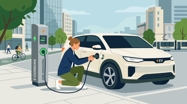 Woman charging electric car at city charging station, zero emissions transport