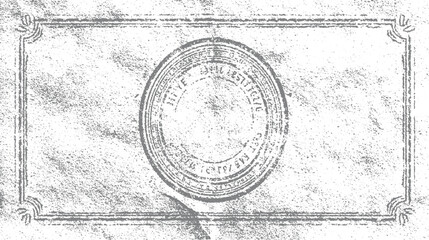 Obraz premium Grungy distressed grey circular stamp and ornate border on textured paper background grunge