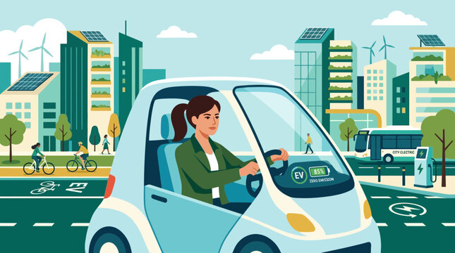 Woman driving electric tiny car in futuristic green city with solar panels