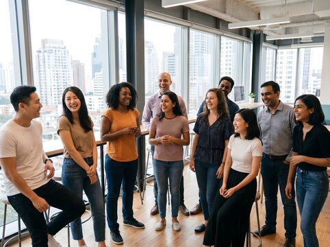 Diverse group of multinational people smiling and connecting in a modern office setting