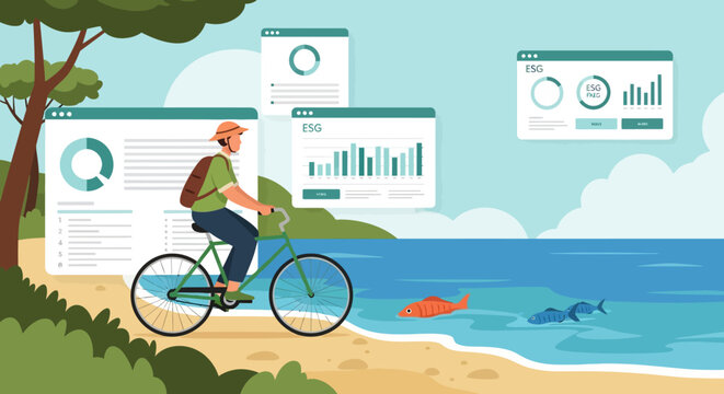 Man riding bicycle on beach with data charts floating.