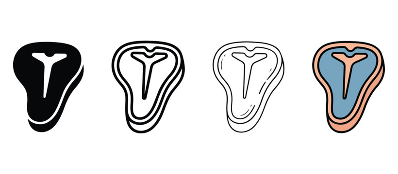 Four different style illustrations of abstract shapes resembling a pelvis or a shield with a Tshaped design  various colors and line styles