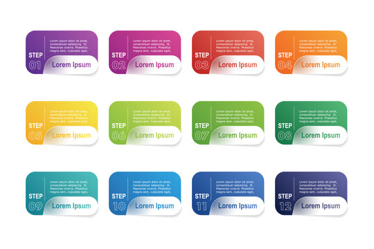 infographic elements template, business concept with 12 steps, multi color rectangle shapes design with multi gradient color label for workflow layout, diagram, annual report, vector