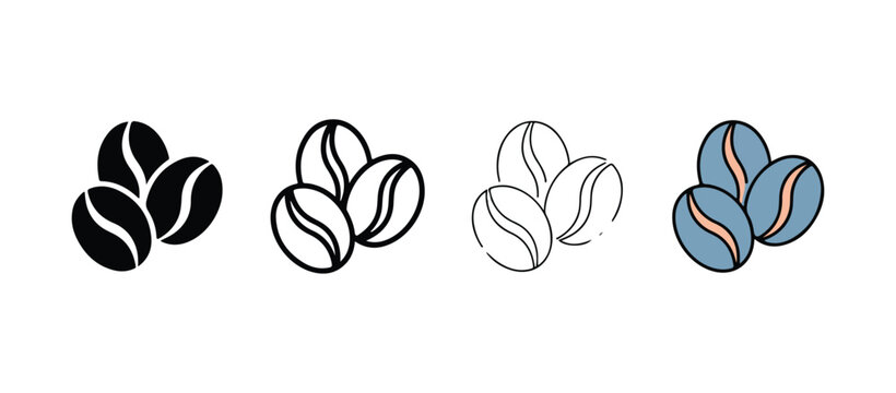 Four different styles of coffee beans illustrations in black and white and blue with orange  simple line art and solid colors