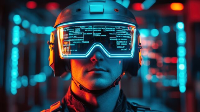 Advanced soldier wearing a high tech visor in a vibrant neon illuminated setting