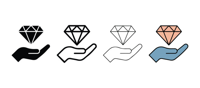 Four different styles of diamond icons floating above open hands in various colors on white background  symbolizing luxury and wealth