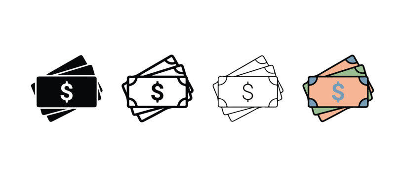 Four different styles of dollar banknote stacks with dollar signs on them in various colors and line art  isolated on white background
