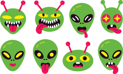 Naklejka premium Set of cartoon green alien faces with diverse funny expressions sci fi extraterrestrial expressions stickers creature monsters character laughing surprised collection illustration isolated