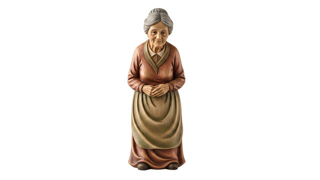Statue of an old woman in brown and white turbal with her.