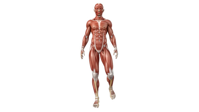 The muscles are highlighted in the upper half body and the lower.