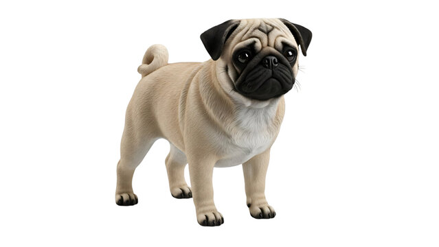 Small pug dog standing on black background with its head turned to.