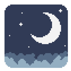 Fototapeta premium Rounded Icon of Night with Moon Crescent, Pixel Art Icon, Isolated