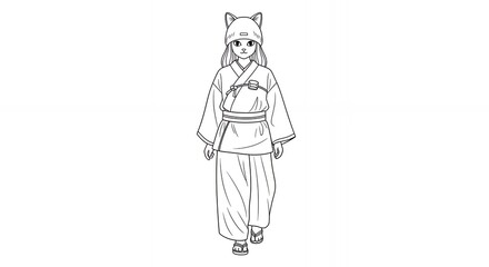 Fototapeta premium Monochrome Full Body Doodle of a Figure with Cat Ears Isolated on White Background