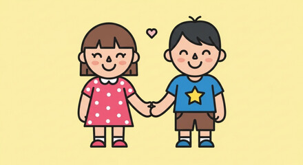 Smiling children holding hands with heart