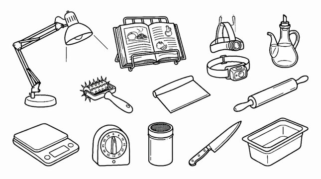 Hand drawn kitchen tools and cooking equipment line art illustration set.