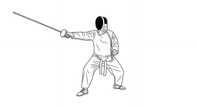 Monochrome Illustration of Fencer in Action with Protective Gear in White Background Minimalist Line Art Style