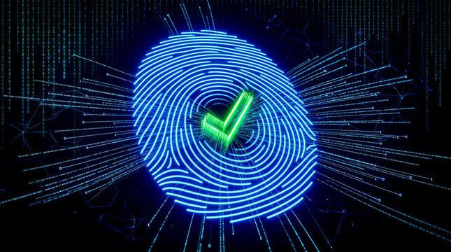 Blue neon fingerprint data streams flowing outward verified checkmark, biometric cyber concept